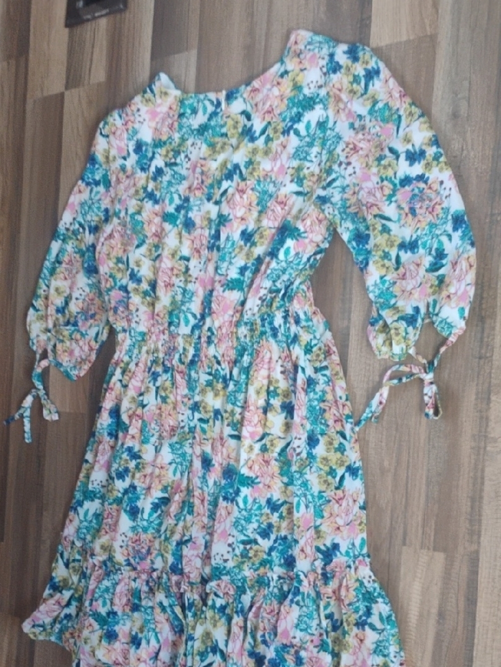 Floral V-Neck Smocked Waist Dress - Pink & Teal Floral Women's Large - Picture 3 of 4